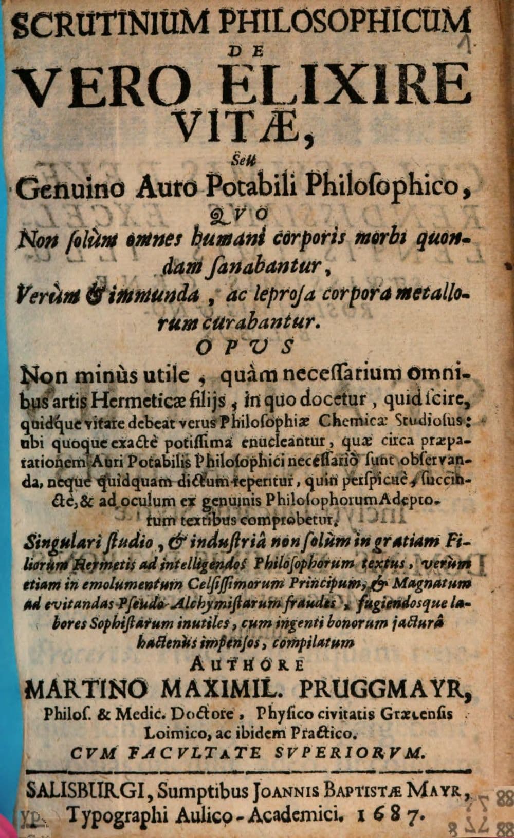 Scrutinium philosophicum de vero elixire vitae
