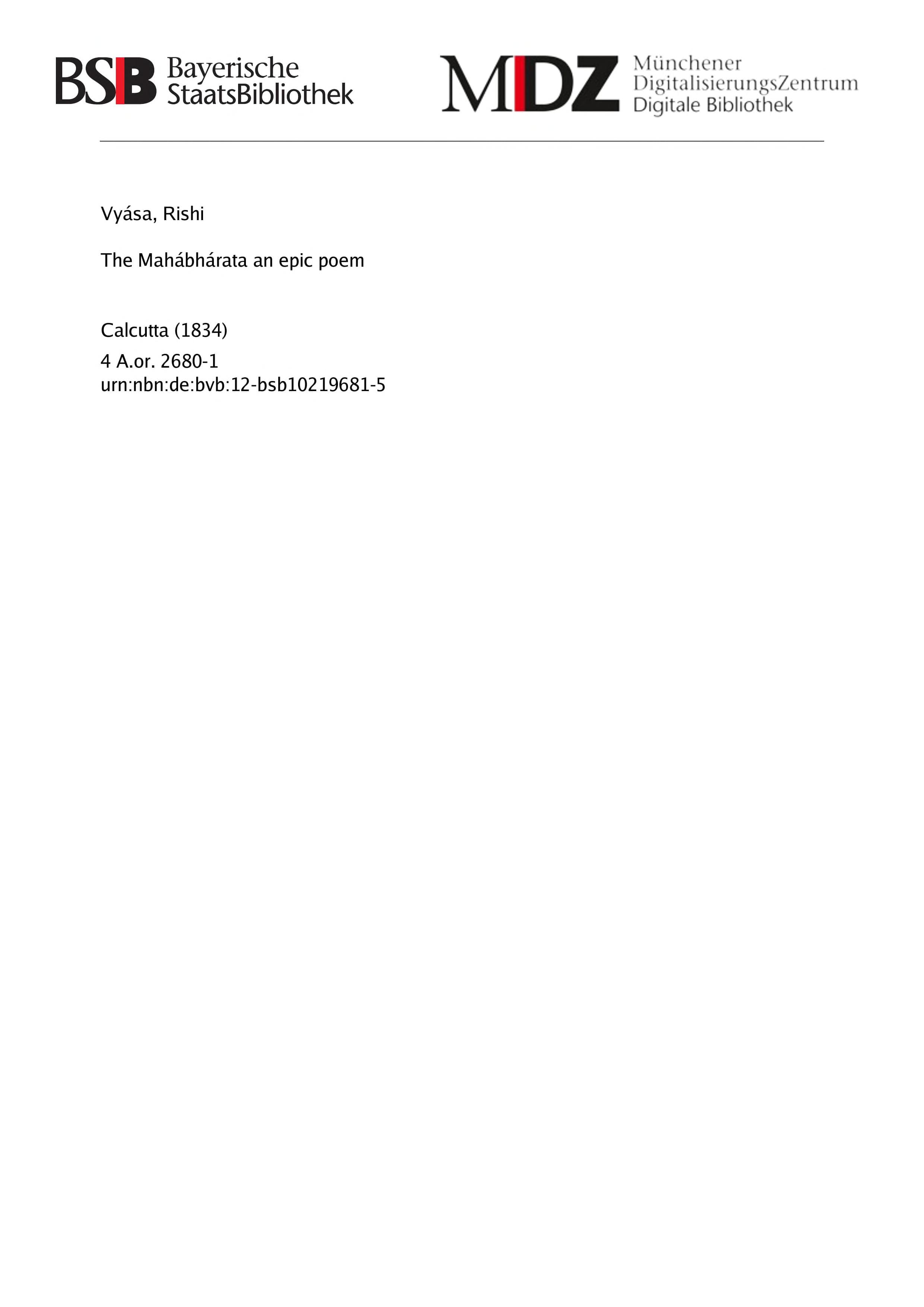 Mahābhārata — Calcutta Editio Princeps, Vol. I