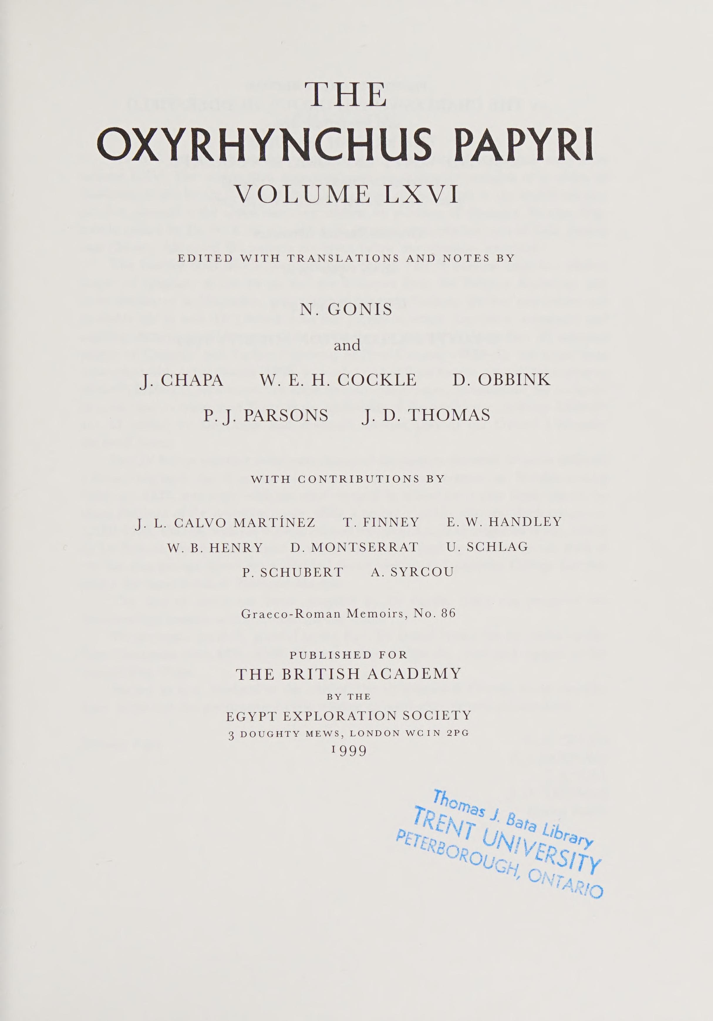 The Oxyrhynchus Papyri, Part 66