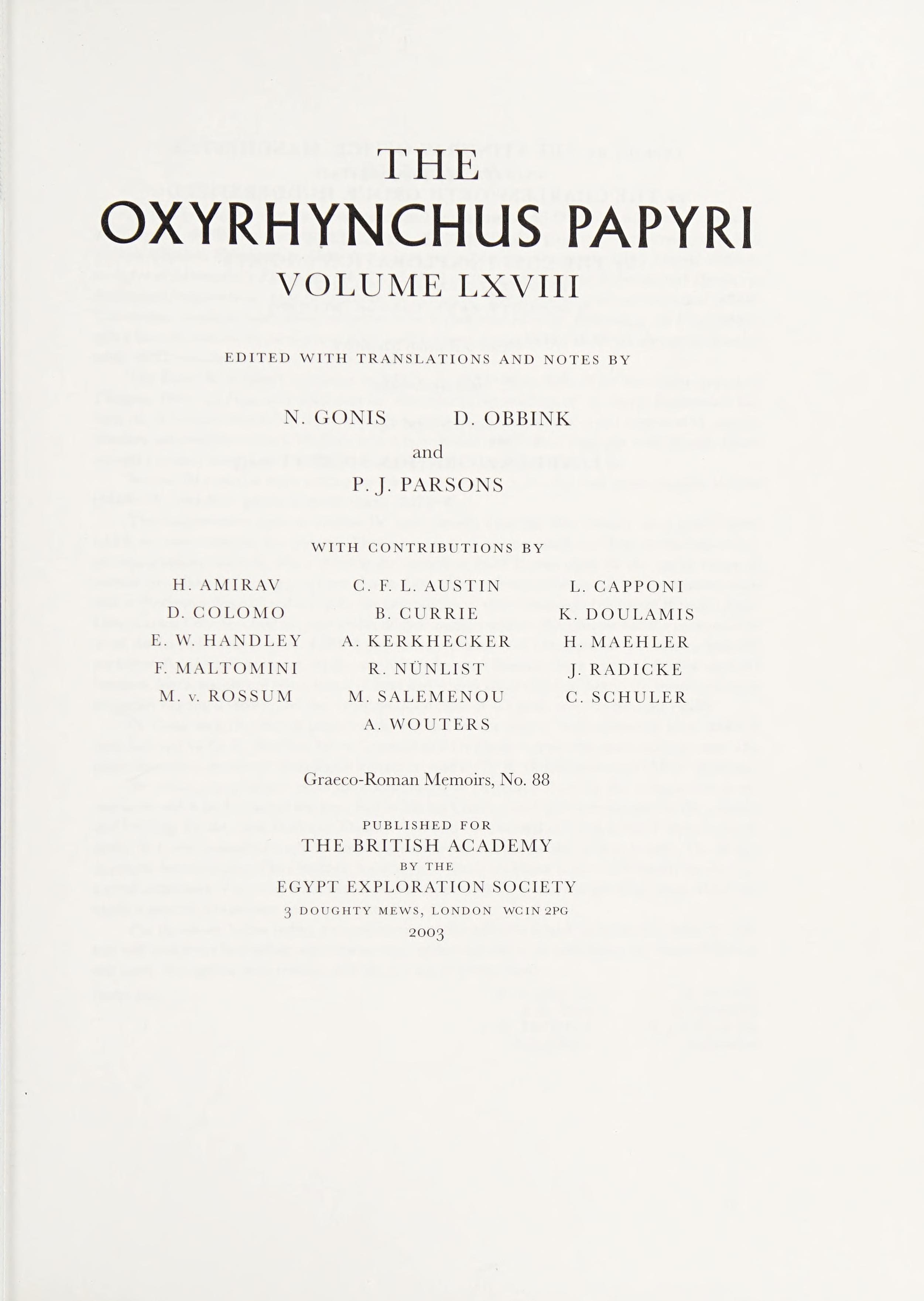 The Oxyrhynchus Papyri, Part 68