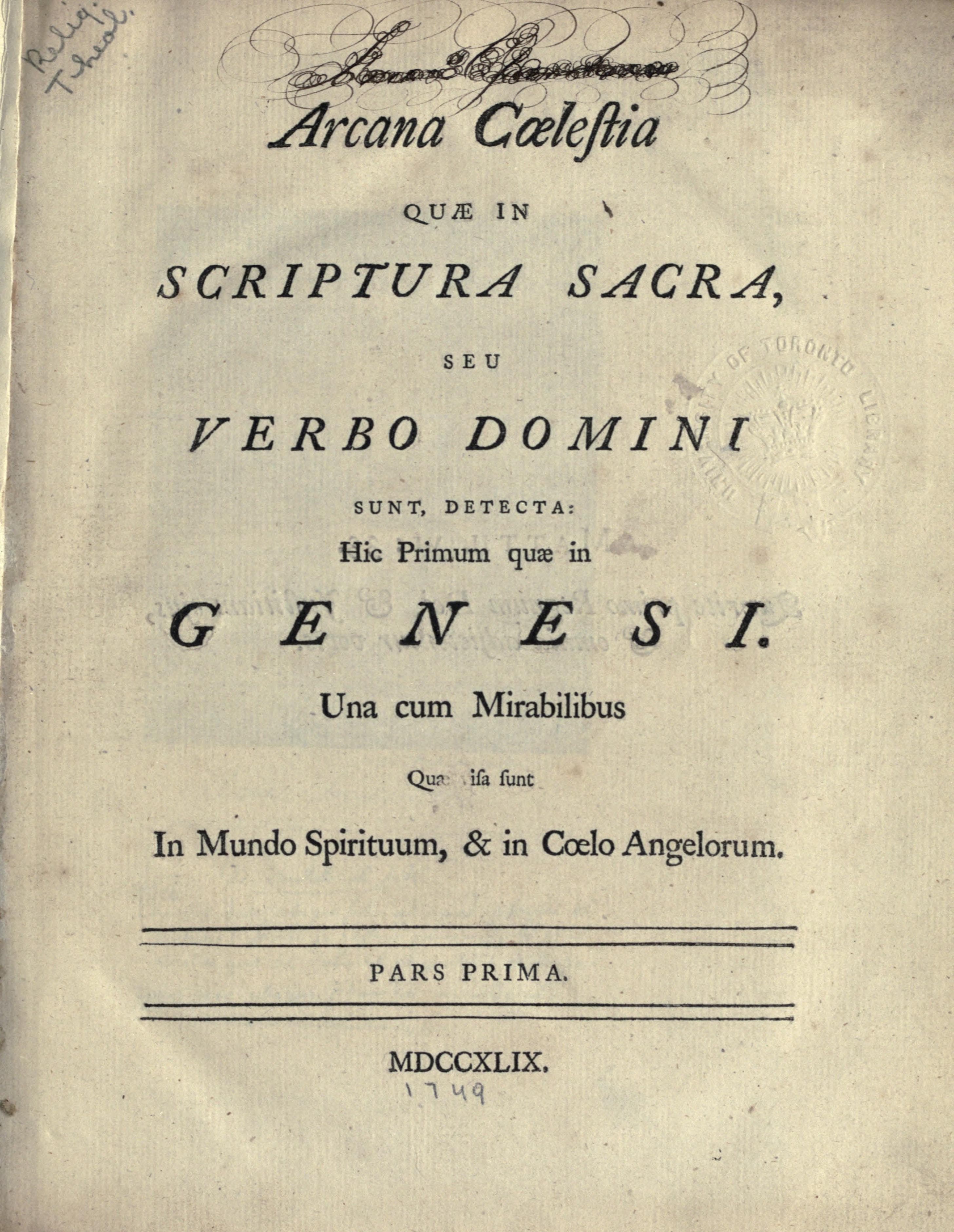 Swedenborg Arcana Caelestia Vol. I (1750)