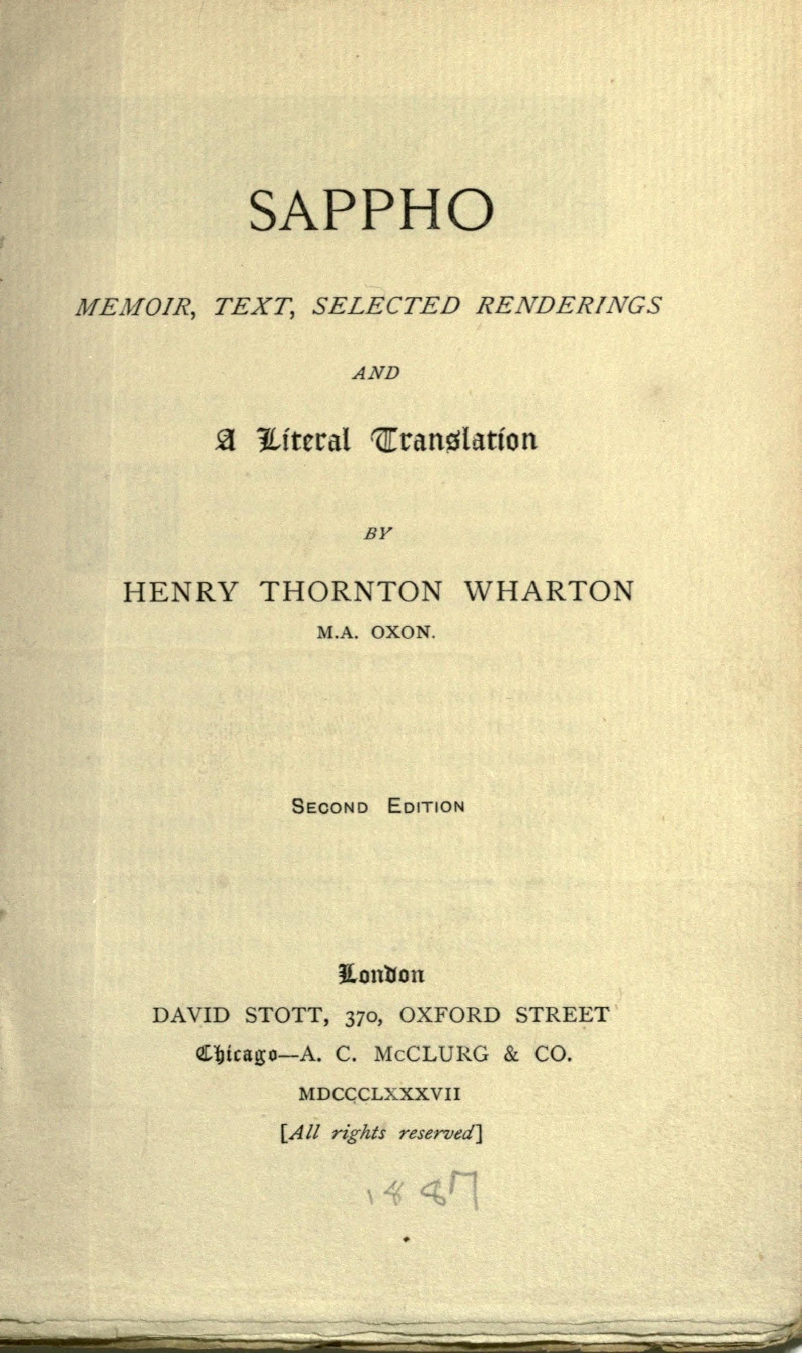 Sappho: Memoir, Text, Selected Renderings and a Literal Translation