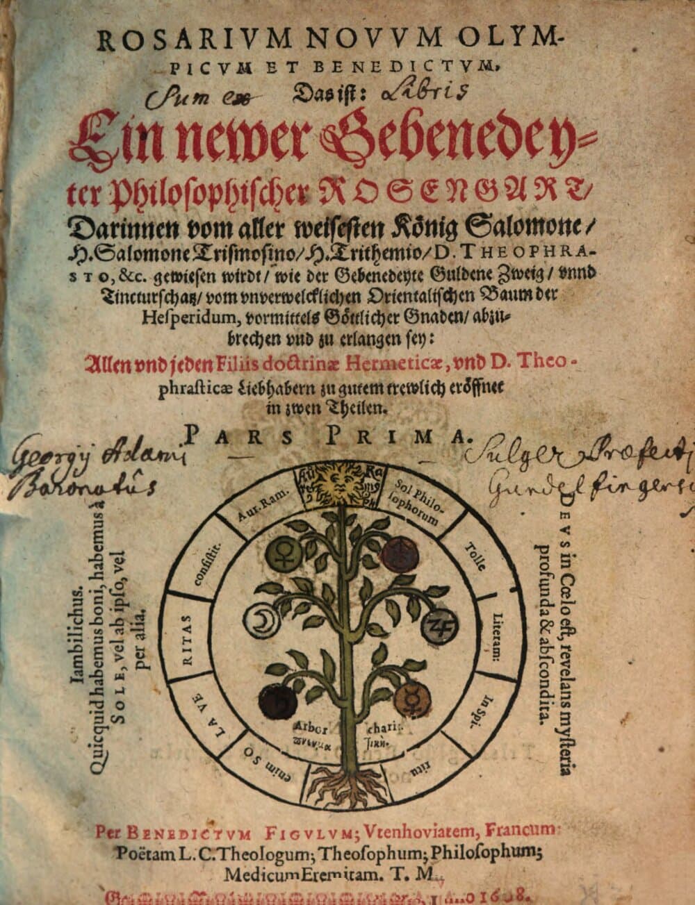 Rosarivm Novvm Olympicvm Et Benedictvm, Das ist: Ein newer Gebenedeyter Philosophischer Rosengart : Darinnen vom aller weisesten König Salomone, H. Salomone Trismosino, H. Trithemio, D. Theophrasto, &c. gewiesen wirdt, wie der Gebenedeyte Guldene Zweig, vnnd Tincturschatz, vom vnverwelcklichen Orientalischen Baum der Hesperidum, vormittels Göttlicher Gnaden, abzubrechen vnd zu erlangen sey ; Allen vnd jeden Filiis doctrinae Hermeticae, vnd D. Theophrasticae Liebhabern zu gutem trewlich eröffnet in zwen Theilen. 1