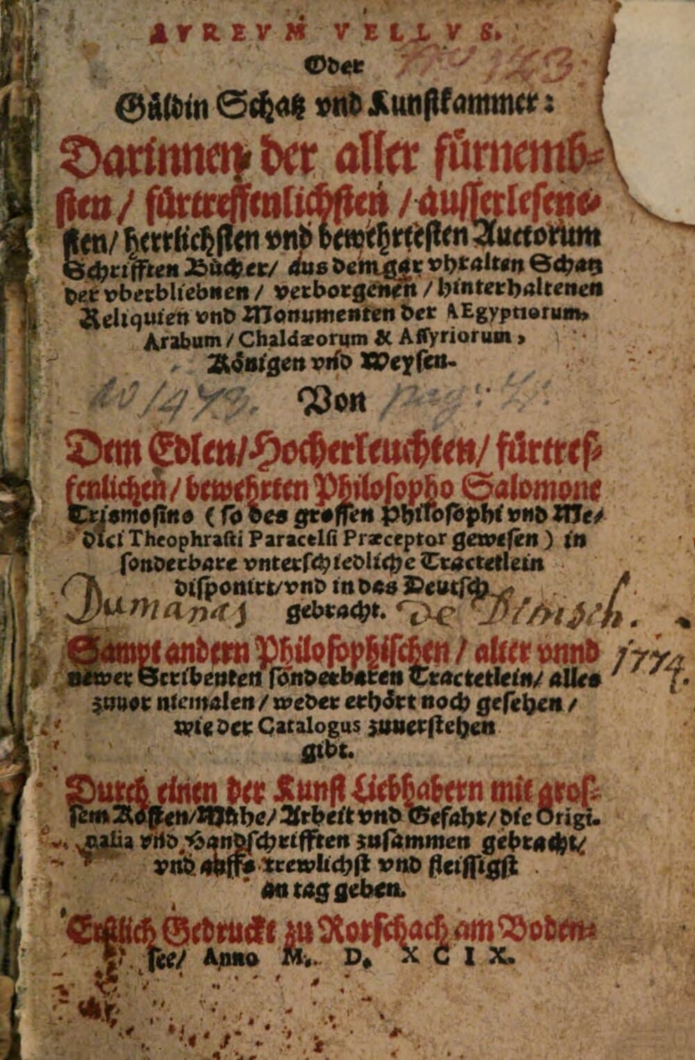 Avrevm Vellvs, Oder Güldin Schatz vnd Kunstkammer : Darinnen der aller fürnembsten, fürtreffenlichsten, ausserlesenesten, herrlichsten vnd bewehrtesten Auctorum Schrifften Bücher .... 1