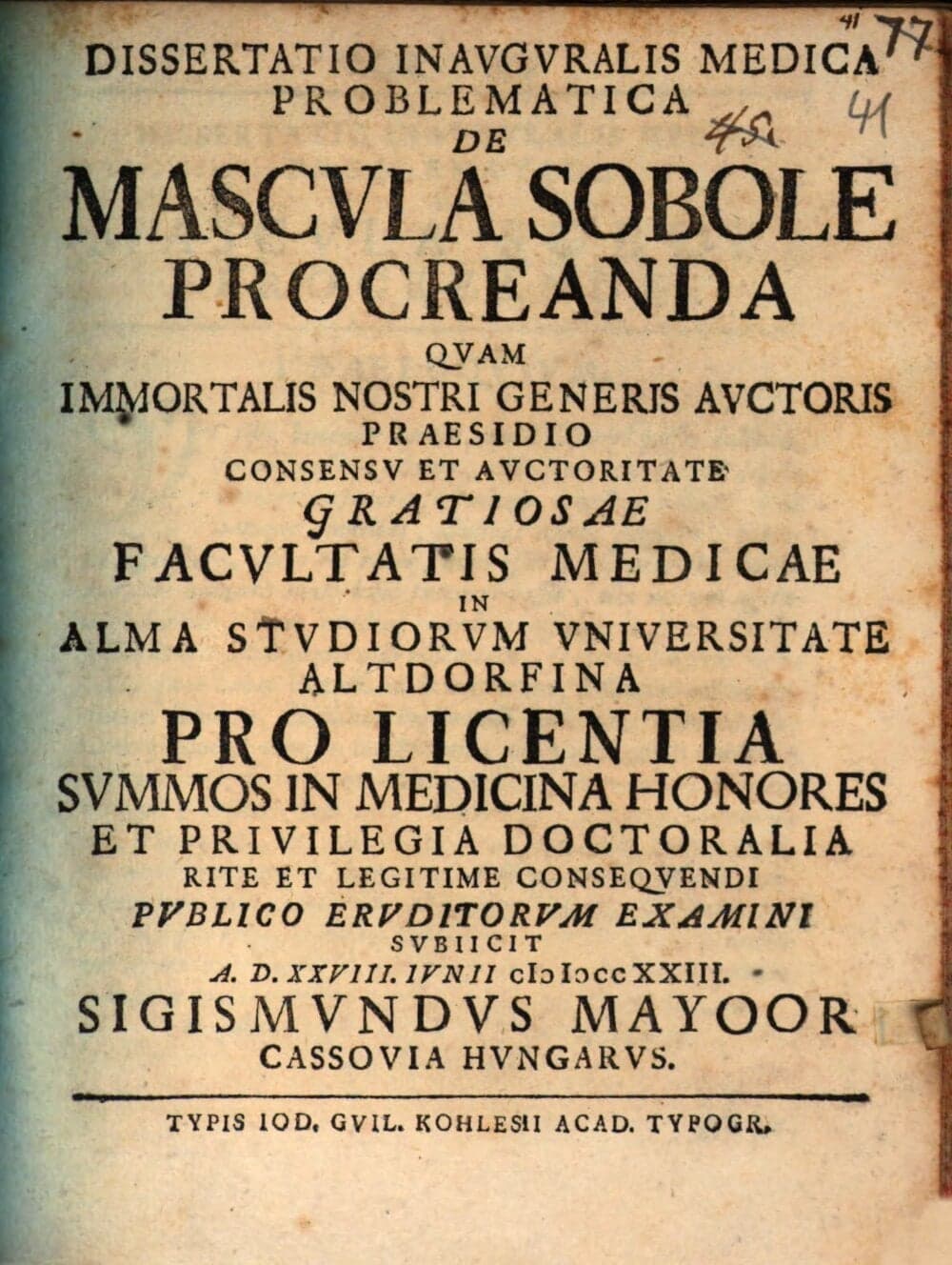 Dissertatio Inavgvralis Medica Problematica De Mascvla Sobole Procreanda