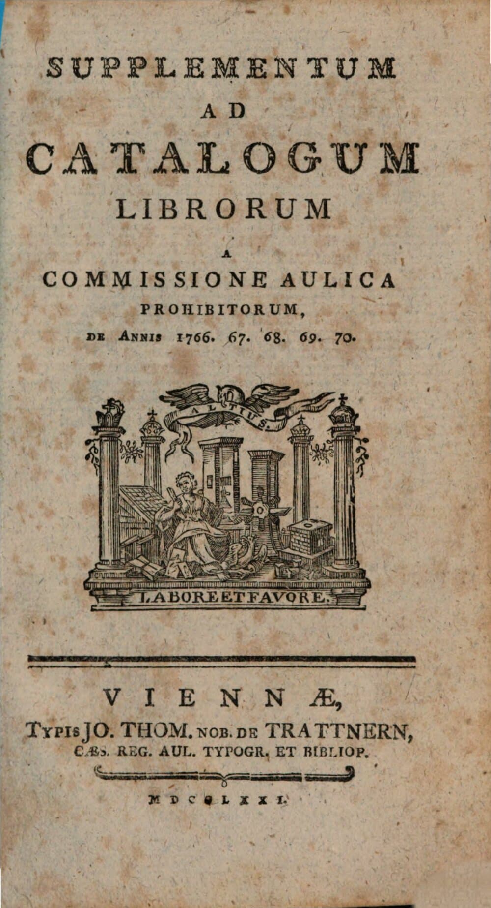 Supplementum ad catalogum librorum a commissione aulica prohibitorum : de annis 1766 - 1770