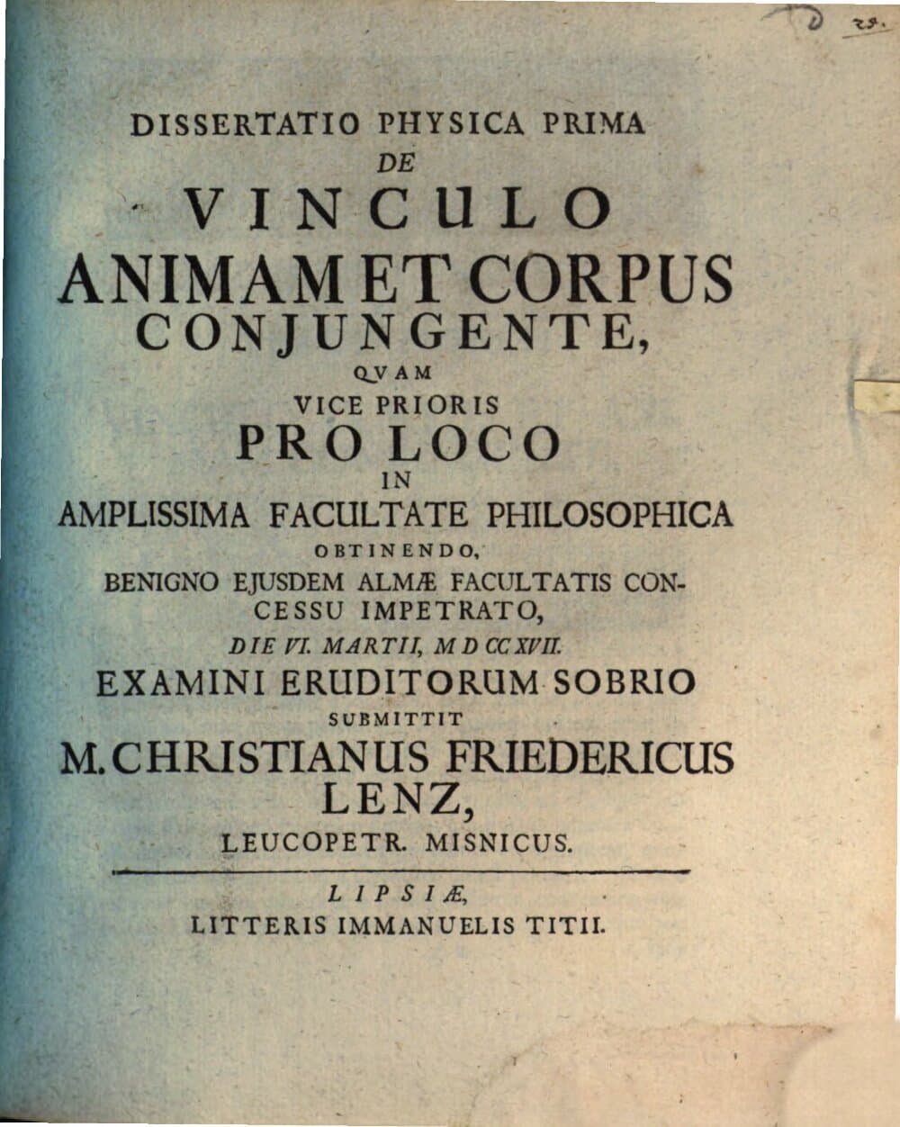 Dissertatio Physica Prima De Vinculo Animam Et Corpus Conjungente