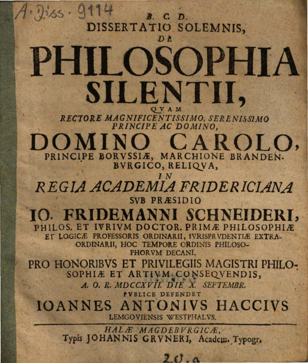 Dissertatio Solemnis, De Philosophia Silentii