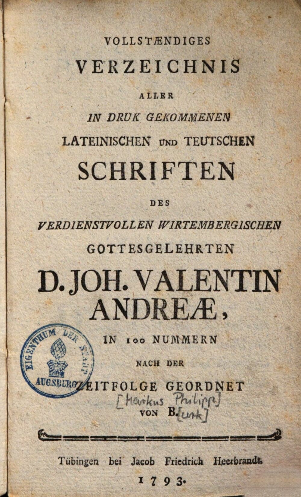 Vollständiges Verzeichniß aller in den Druck gekommenen Latein. u. Teutschen Schriften des Johann Valentin Andreae