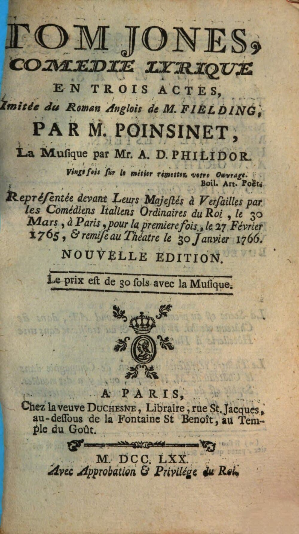 Tom Jones : Comédie Lyrique En Trois Actes