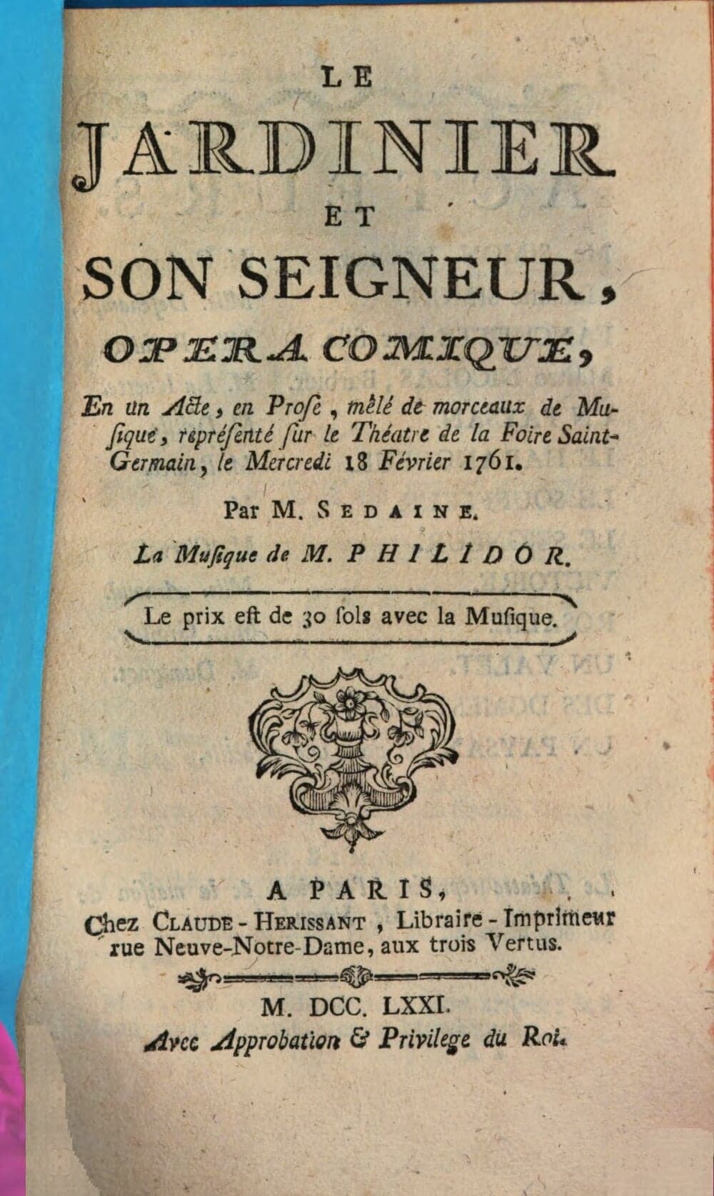 Le Jardinier Et Son Seigneur : Opéra Comique En Un Acte en Prose, mêlé de morceaux de Musique