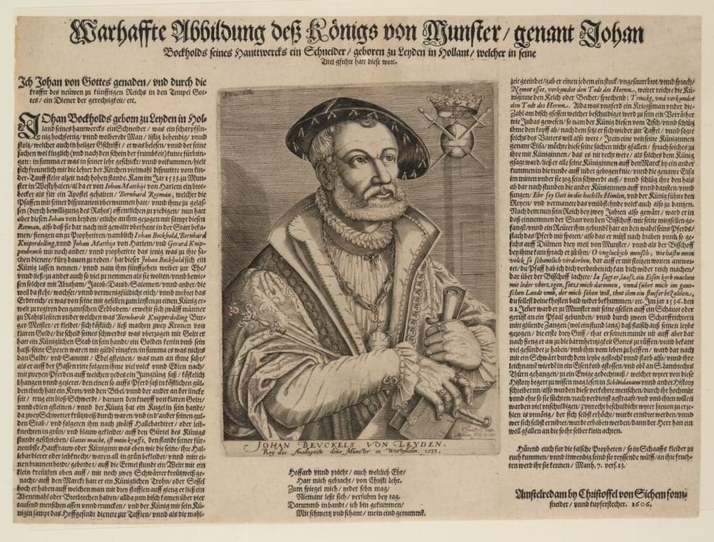 Warhaffte Abbildung dess Königs von Munster, genant Johan Bockholds seines Hanttwercks ein Schneider, geboren zu Leyden in Hollant, ..