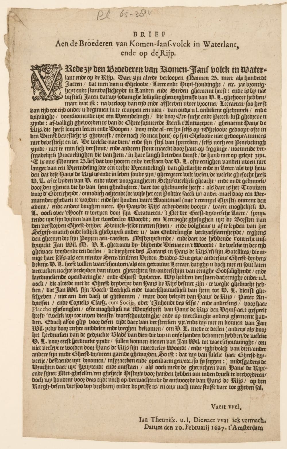 Brief aen de broederen van Komen-Jans-volck in Waterlant, ende op de Rijp.