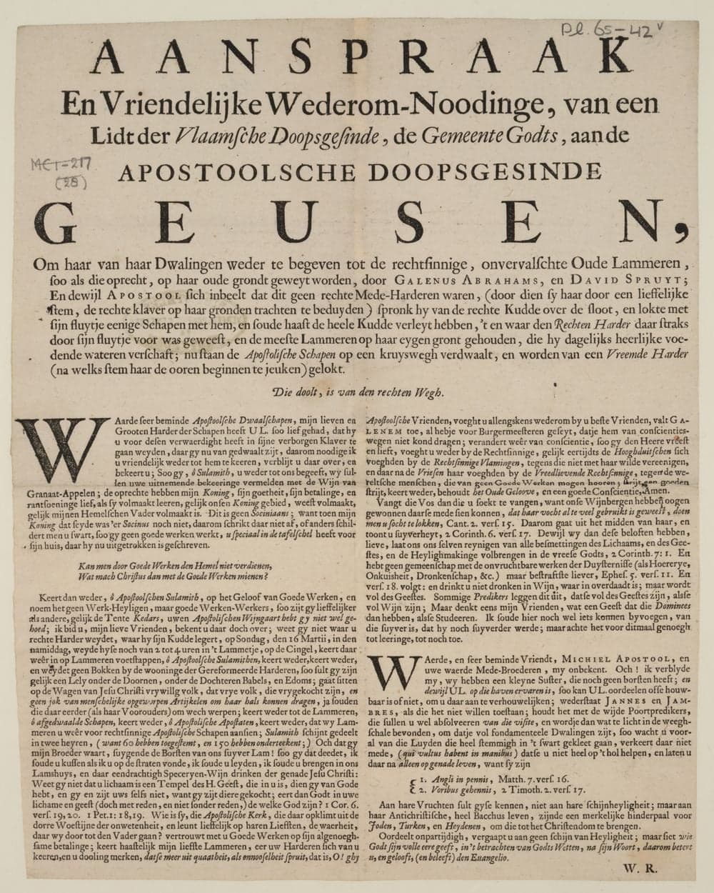 Aanspraak en vriendelijke wederom-noodinge, van een lidt der Vlaamsche Doopsgezinde, de Gemeente Godts, aan de Apostoolsche Doopsgesinde Geusen, ..
