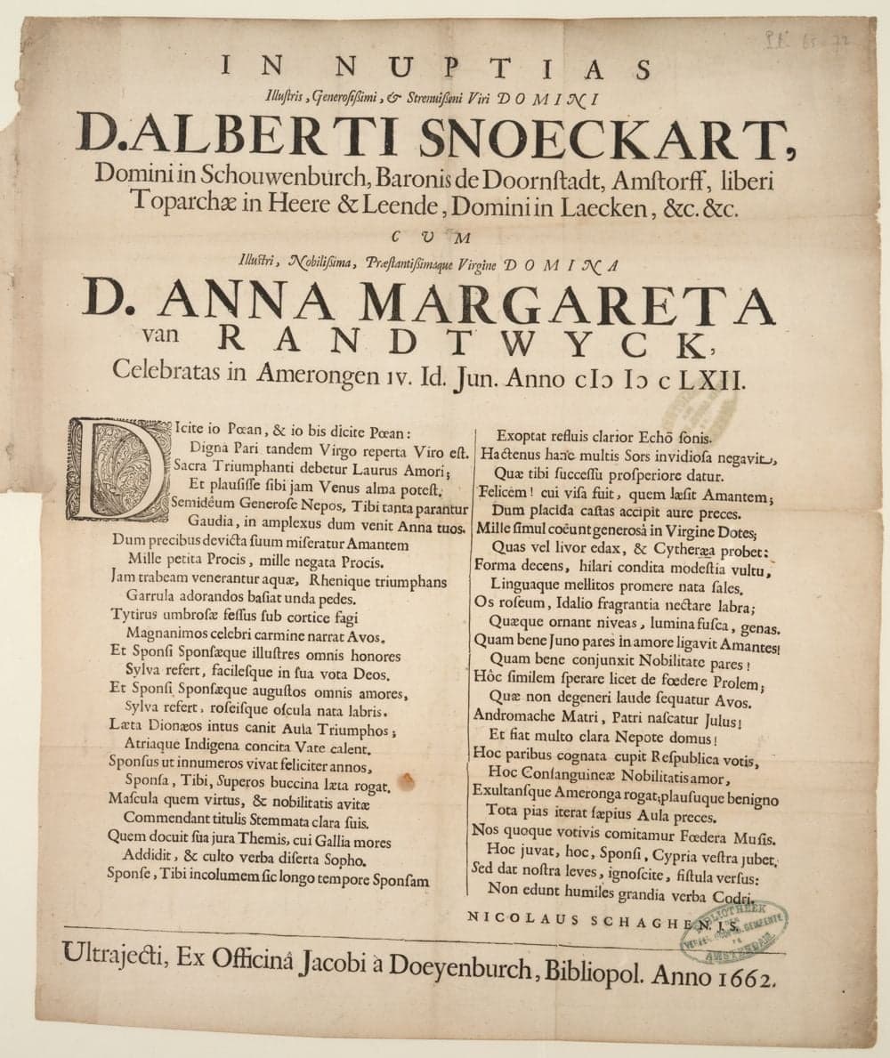 In nuptias ... Alberti Snoeckart ... cum ... Anna Margareta van Randtwyck, celebratas in Amerongen IV. Id. Jun. Anno MDCLXII.