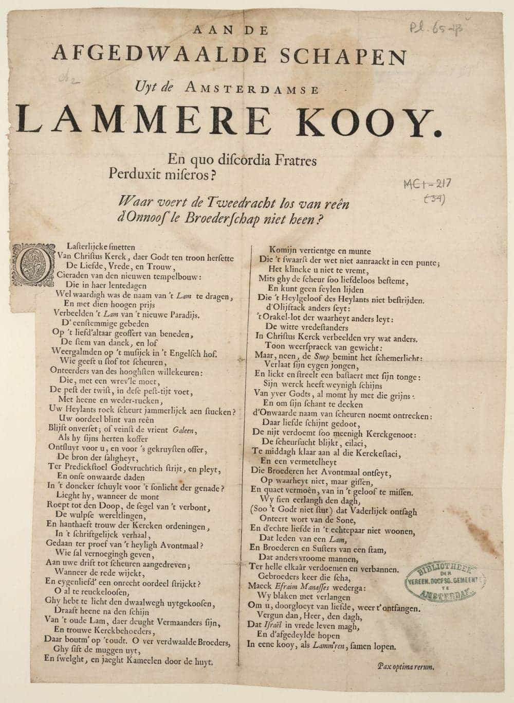 Aan de afgedwaalde schapen uyt de Amsterdamse Lammere kooy ..