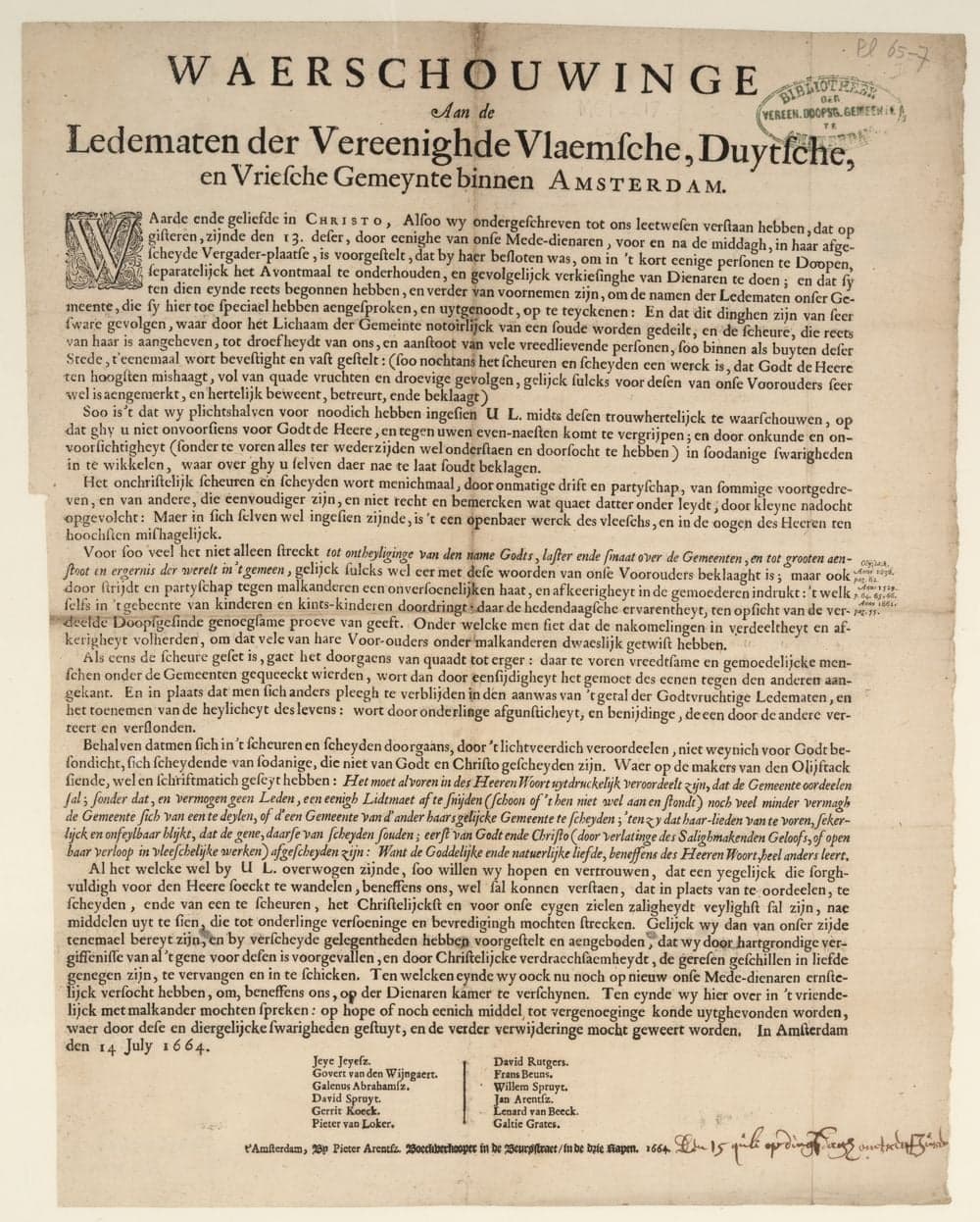 Waerschouwinge aan de ledematen der Vereenighde Vlaemsche, Duytsche, en Vriesche Gemeynte binnen Amsterdam.