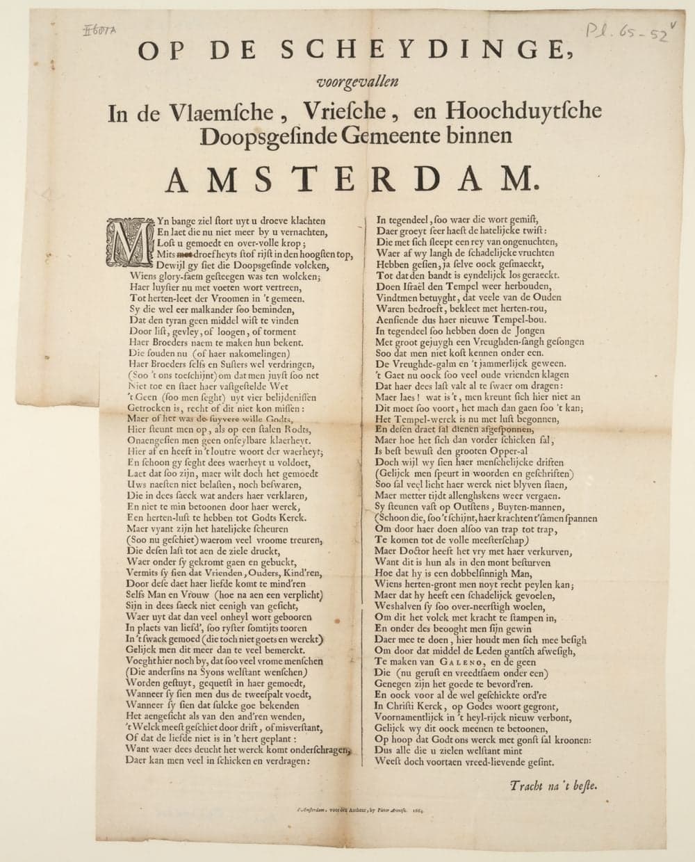 Op de scheydinge, voorgevallen in de Vlaemsche, Vriesche, en Hoochduytsche Doopsgesinde Gemeente binnen Amsterdam.