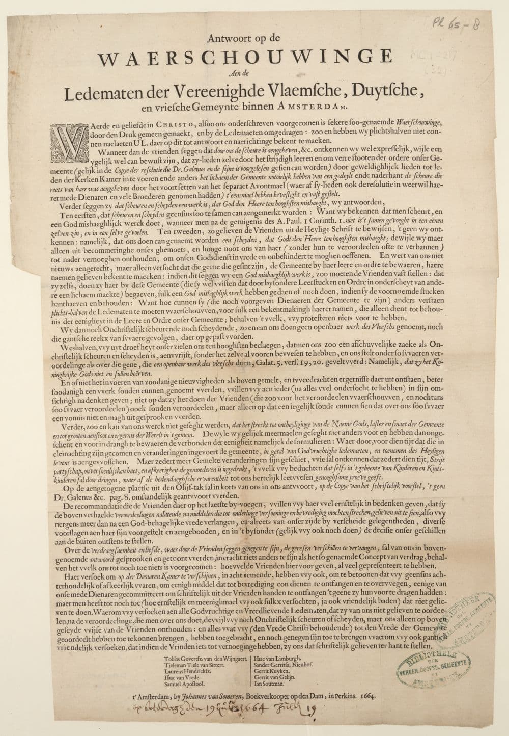 Antwoort op de Waerschouwinge aen de ledematen der Vereenighde Vlaemsche, Duytsche, en vriesche Gemeynte binnen Amsterdam.