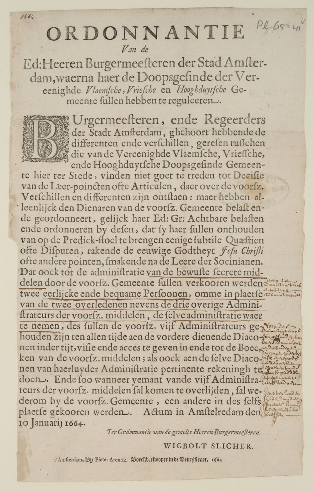 Ordonnantie van de Ed: Heeren Burgermeesteren der stad Amsterdam, waerna haer de Doopsgesinde der Vereenighde Vlaemsche, Vriesche en Hooghduytsche Gemeente sullen hebben te reguleeren.