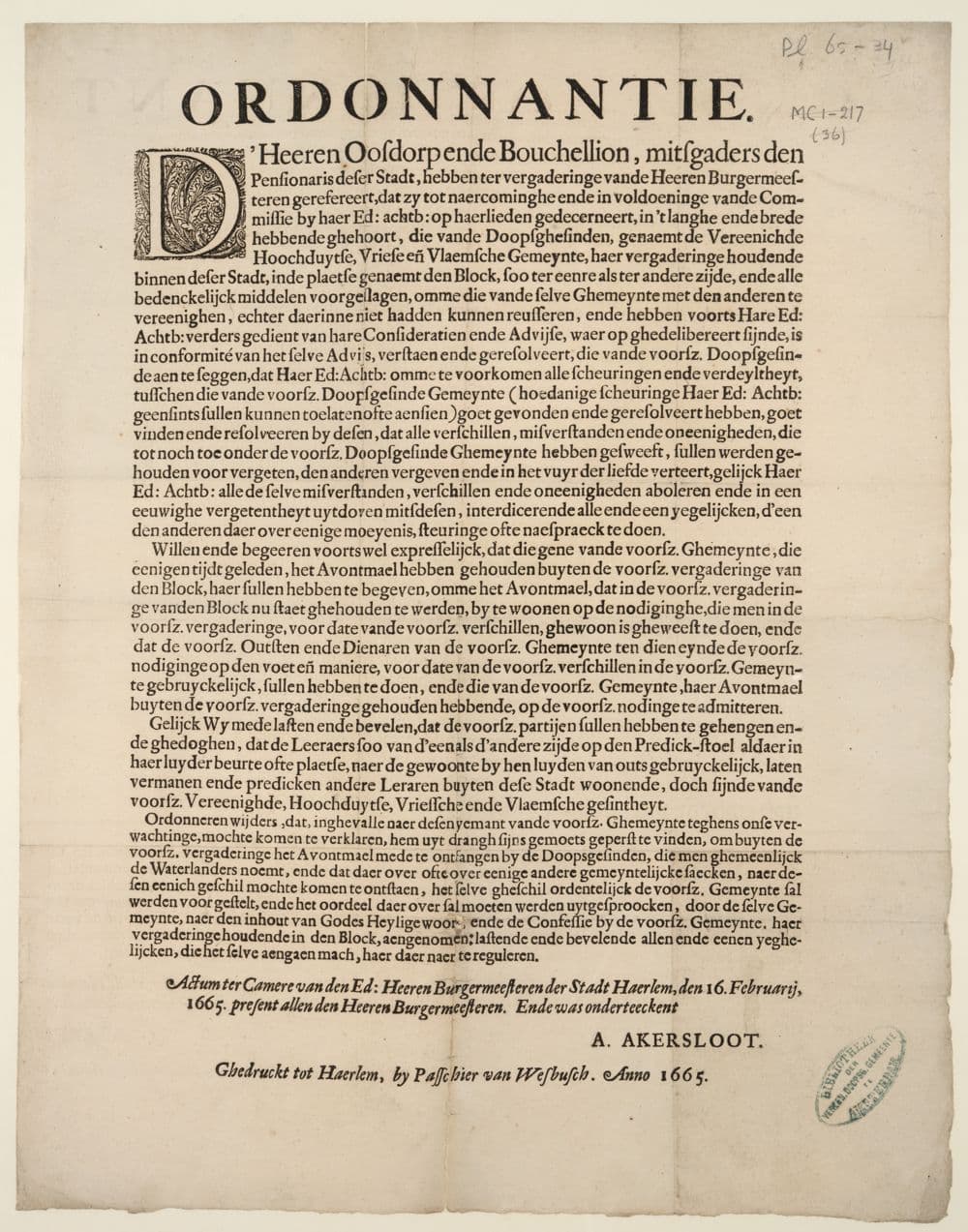 Ordonnantie. D'Heeren Oosdorp ende Bouchellion, mistgaders den pensionaris deser stad [Haerlem] ..