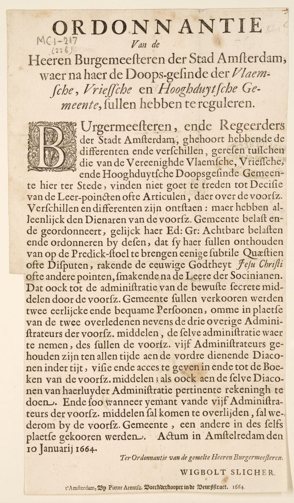 Ordonnantie van de Heeren Burgemeesteren der stad Amsterdam, waer na haer de Doops-gesinde der Vlaemsche, Vriessche en Hooghduytsche Gemeente, sullen hebben te reguleren.
