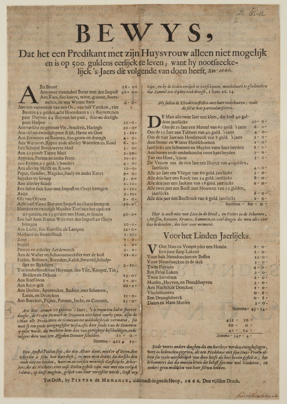 Bewys, dat het een predikant met zijn huysvrouw alleen niet mogelijk en is op 500. guldens eerlijck te leven :, want hy nootsaeckelijck 's jaers dit volgende van doen heeft, ..