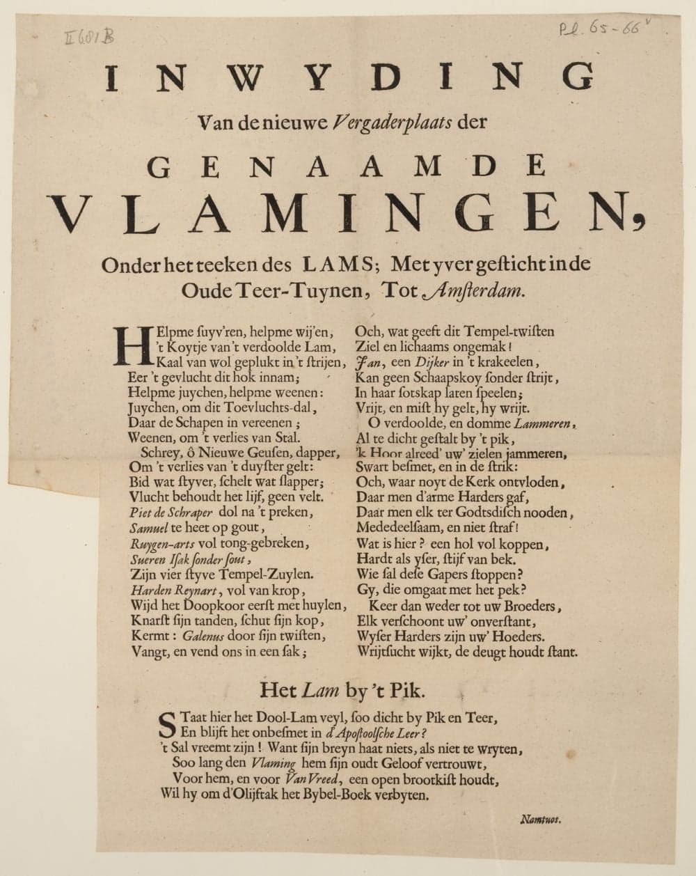 Inwyding van de nieuwe vergaderplaats der genaamde Vlamingen, onder het teeken des Lams :, met yver gesticht in de Oude Teer-Tuynen, tot Amsterdam.