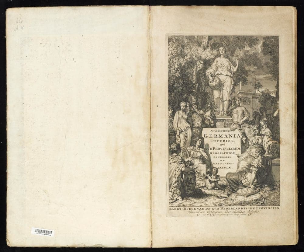N. Visscheri Germania Inferior, sive XVII Provinciarum geographicae generales ut et particulares tabulae =, Kaert-boeck van de XVII Nederlandtsche Provincien /, Nieuwlycx uytgeg. door Nicolaes Visscher.
