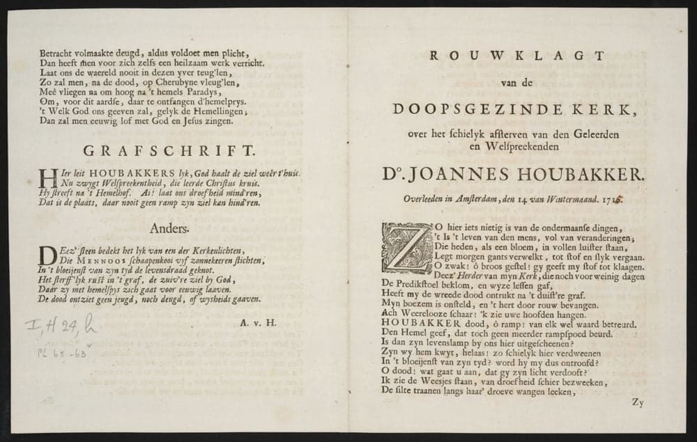 Rouwklagt van de Doopsgezinde kerk, over het schielyk afsterven van ... Joannes Houbakker. Overleeden in Amsterdam, den 14 van Wintermaand. 1715.