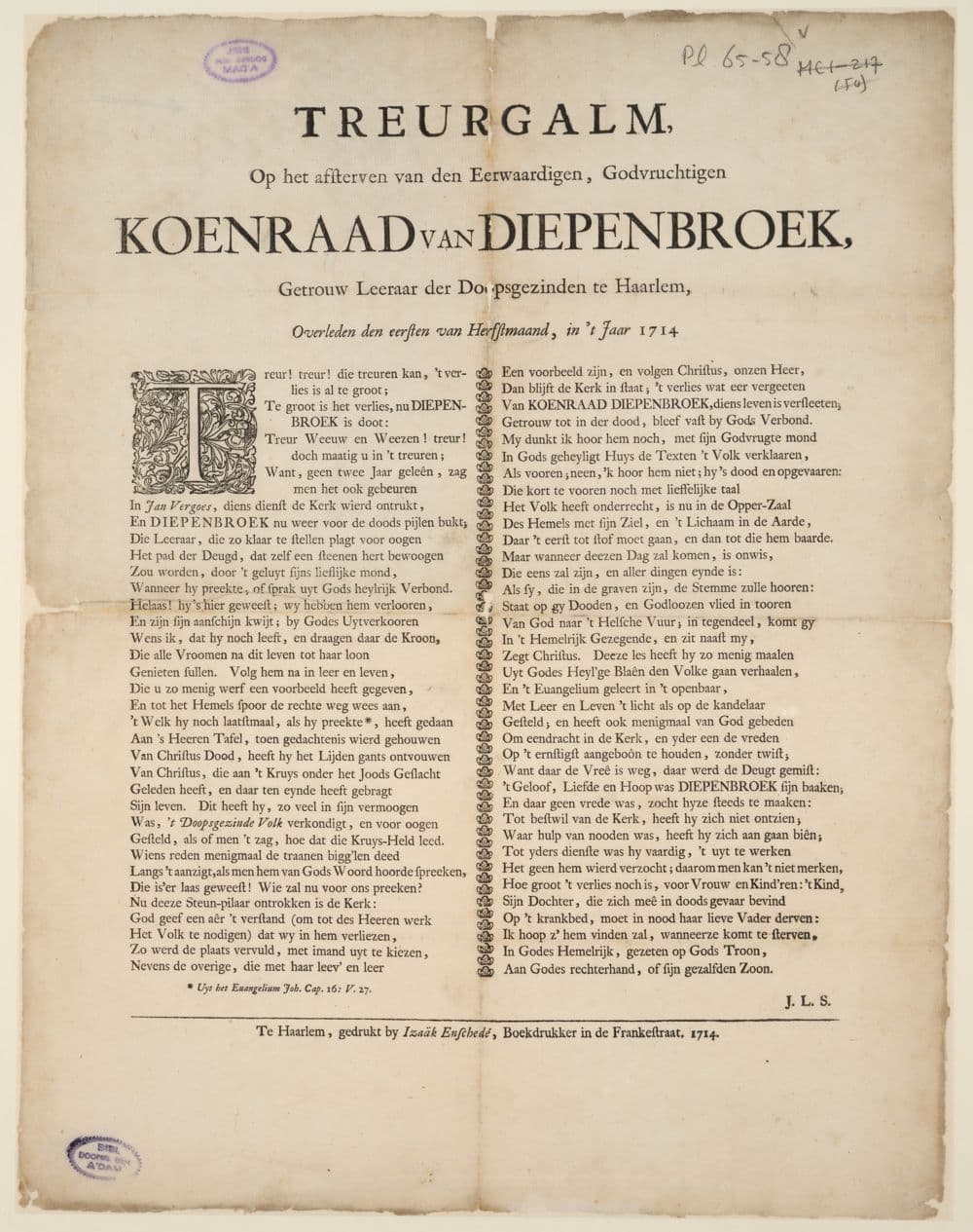 Treurgalm, op het afsterven van ... Koenraad van Diepenbroek, getrouw leeraar der Doopsgezinden te Haarlem, overleden den eersten van Herfstmaand, in 't jaar 1714.