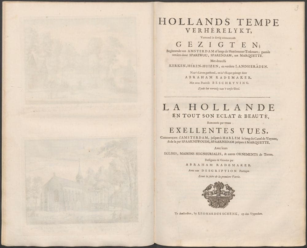 Hollands tempe verhérelykt, vertoond in dertig gezigten; beginnende van Amsterdam af langs de Haarlemmer Trekvaart; gaande verders door Sparewou Sparendam, tot Marquette /, getekend, en in 't koper gebragt door Abraham Rademaker ; met een poeëtise beschrijving. Zynde het vervolg van 't Ie deel.