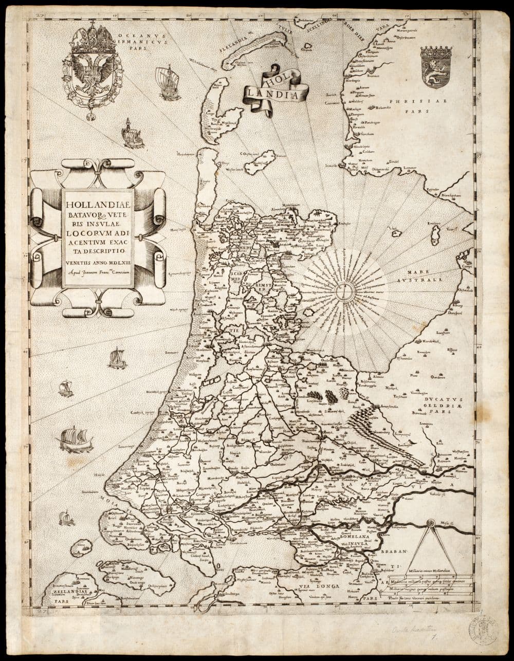 Hollandiae Batavor[um] veteris insulae locorum adiacentium exacta descriptio /, [Jacob van Deventer] ; Paulo Furlano Veronen[sis] incidente.