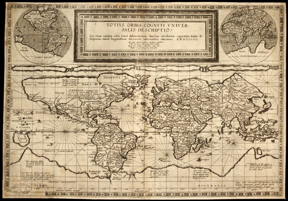 Totius orbis cogniti universalis descriptio :, cui etiam eandem orbis terrae delineationem, duorum circulorum capitate, huius descriptinonis mundi longitudinem documento admirantibus, adiecimus, A° M.D.L.xxxix /, Gerardus Iudaeus excudebat.