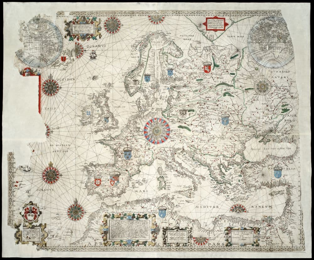 Generale pascaerte van gantsch Europa :, inhoudende de geheele Oostersche, Noortsche en Westersche zeevaert, desgelycx oock de navigatie van de gantsche middelantsche zee, de welcke Africam ende eensdeels Asiam scheydet van Europa, beginnende van Estrecho van Gibraltar voor bij d'eijlanden van Mallorca, Sardinien, Sicilien, Candien ende Cijpres tot Antiochien, Tripoli, ende Alexandrien, ende voorts passerende de Griecse Eijlanden voorbij Constantinopelen in Mare Mahiore tot Trebesonda etc. : Ingelijcks de vaert vande Spaensche ofte Westersche Zee ... doer de gantsche Noort Zee passerende de Noort Caep ... in de Witte Zee voor bij Archangeli ... ende voorts na Nova Zemla ende andere Noortsche landen tot de Rivire Obij in Tartarien, Van ghelijcke de vaert binnen doer de Canaal ... na Denemarken doer de Sond passerende de geheel Ooster Zee ..., elcke plaetse ghestelt op haer behoerlycke breede ende hoochde des pools /, de fauten vande voorgaende pascaerten verbetert sijnde, ende dit alles met grooter naersticheijt als nu int licht ghebracht doer den ervarensten stierman Lucas Ianss. Wagenaer van Enchuijsen. anno 1589 ; Ioannes à Dotecum Baptista à Dotecum fecerunt.