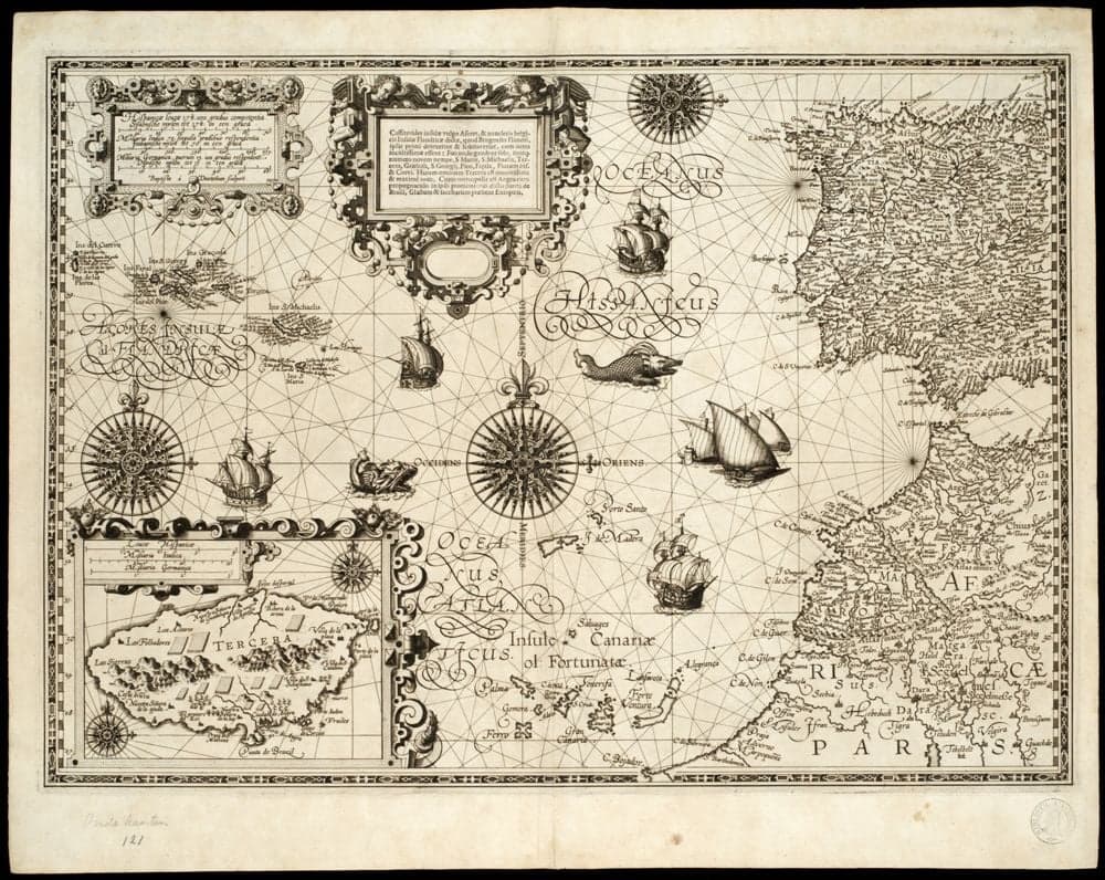 [Zeekaart van de Azoren en de Canarische eilanden /, door Petrus Plancius] ; Baptista à Doetichum sculpsit.