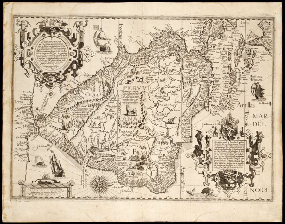 Delineatio omnium orarum totius Australis partis Americae, dictae Peruvianae, à R. de la Plata, Brasiliam, Pariam, & Castellam auream ... /, ex optimis Lusitanicis cartis hydrographicis delineata atque emendata ; Arnoldus Florentius à Langren, author & sculptor.
