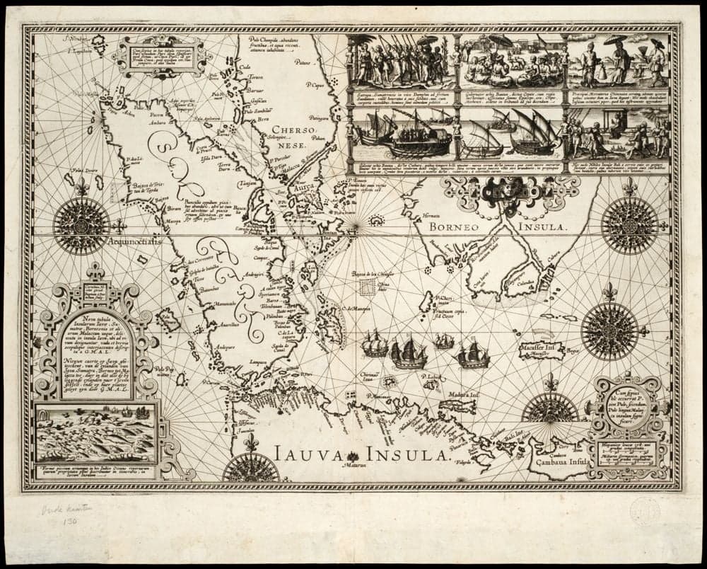 Nova tabula insularum Iavae, Sumatrae, Borneonis et aliarum Malaccam usque /, delineata in insula Iava, ubi ad vivum designantur vada et brevia scopulique interjacentes descripta a G.M.A.L. ; Cornelius Nicolai excud. ; Baptista á Doetechum sculp.