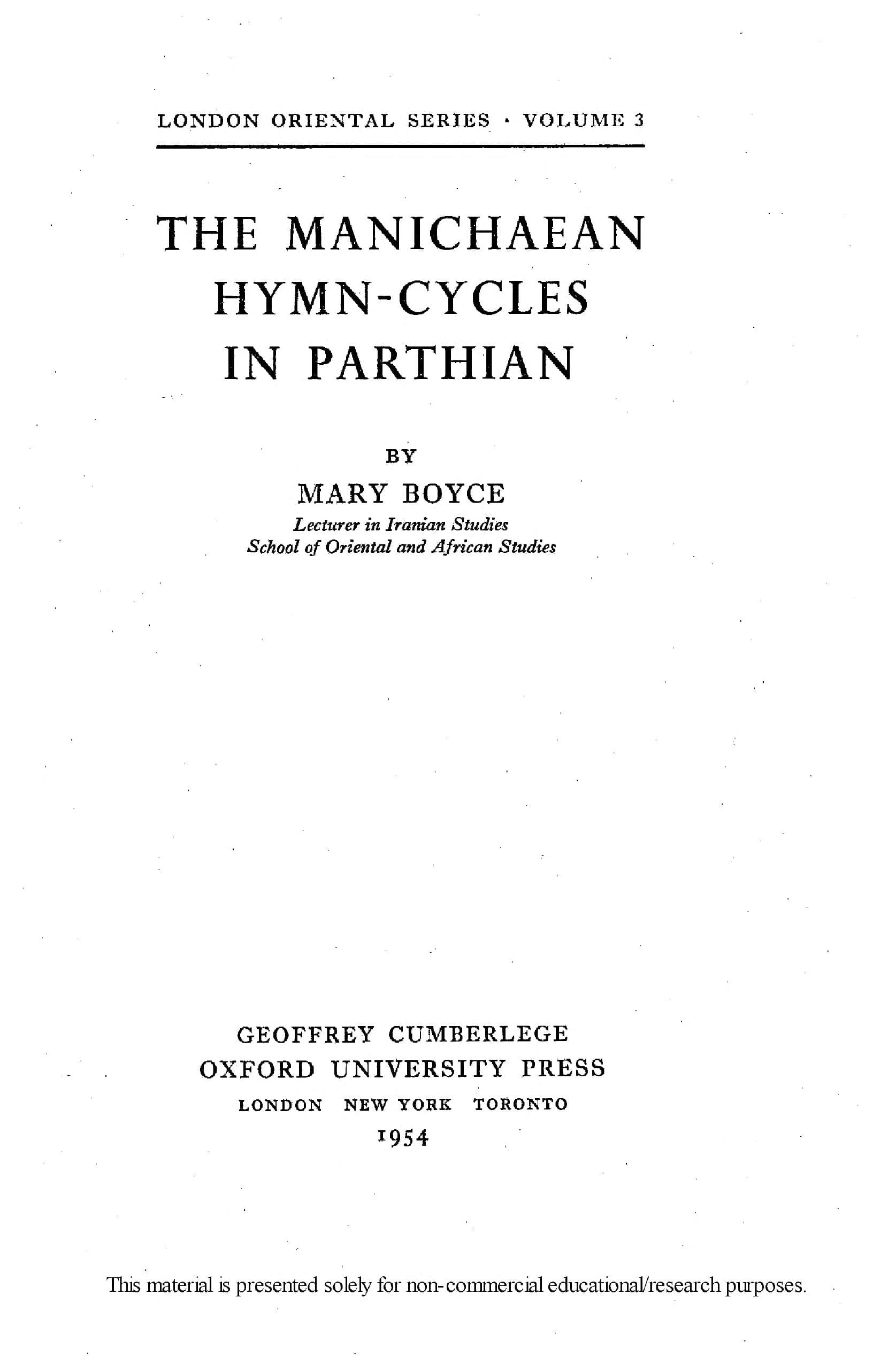 The Manichaean Hymn-Cycles in Parthian