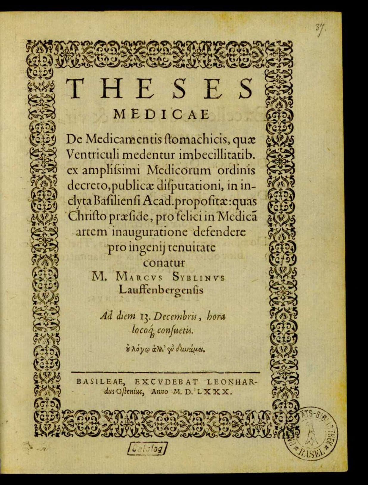 Theses medicae de medicamentis stomachicis, quae ventriculi medentur imbecillitatib