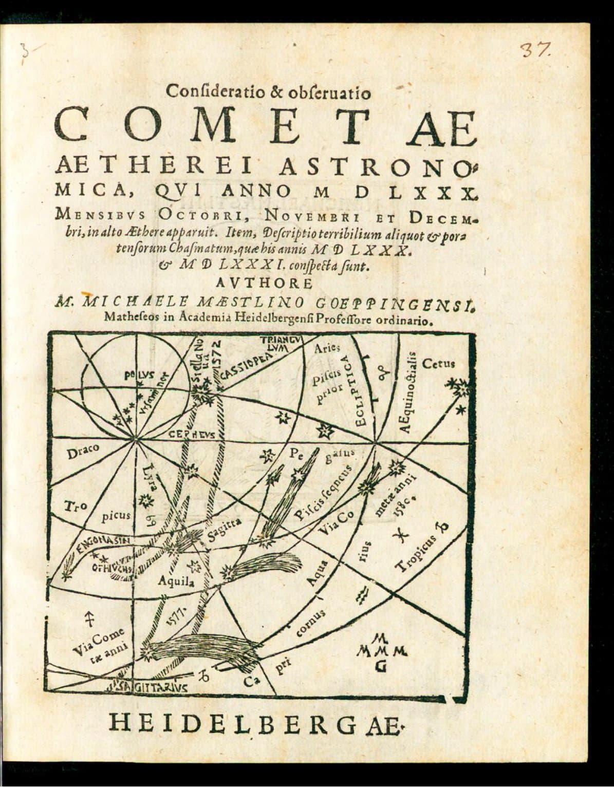 Consideratio &amp; observatio cometae aetherei astronomica qui anno MDLXXX mensibus octobri, novembri et decembri in alto aethere apparvit : item descriptio terribilium aliquot &amp; portensorum chasmatum quae his annis MDLXXX &amp; MDLXXXI conspecta sunt
