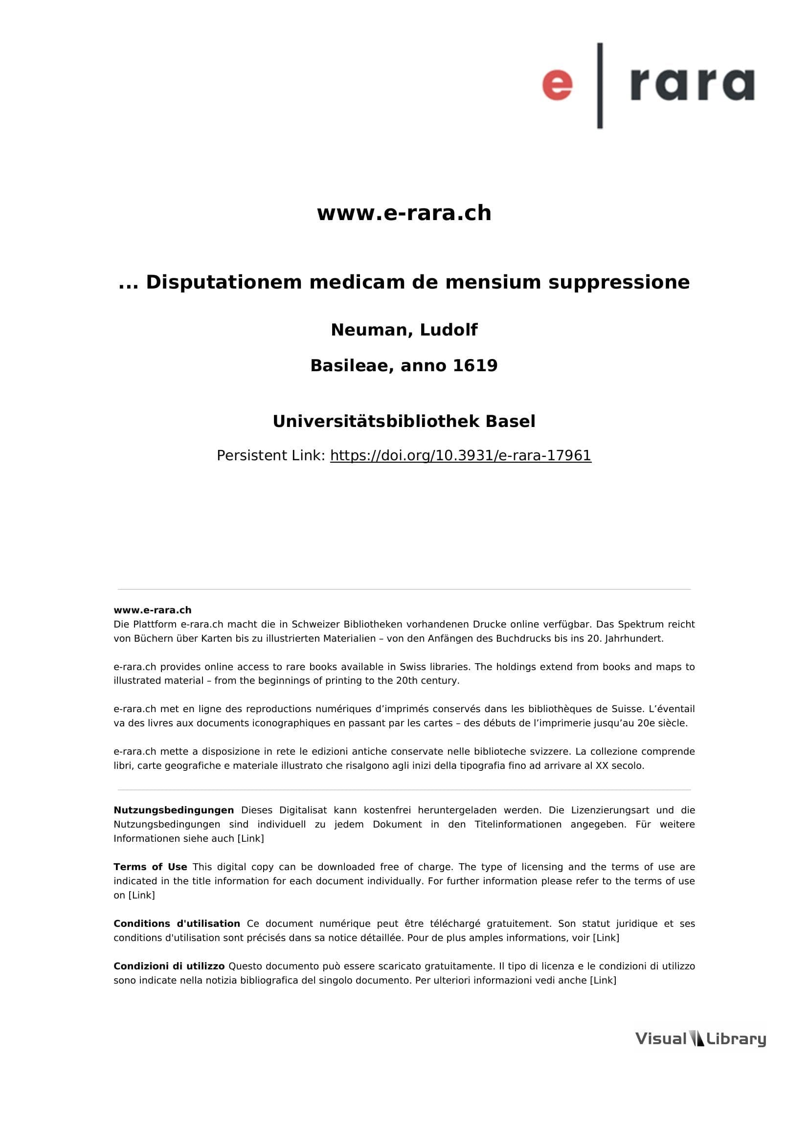 ... Disputationem medicam de mensium suppressione