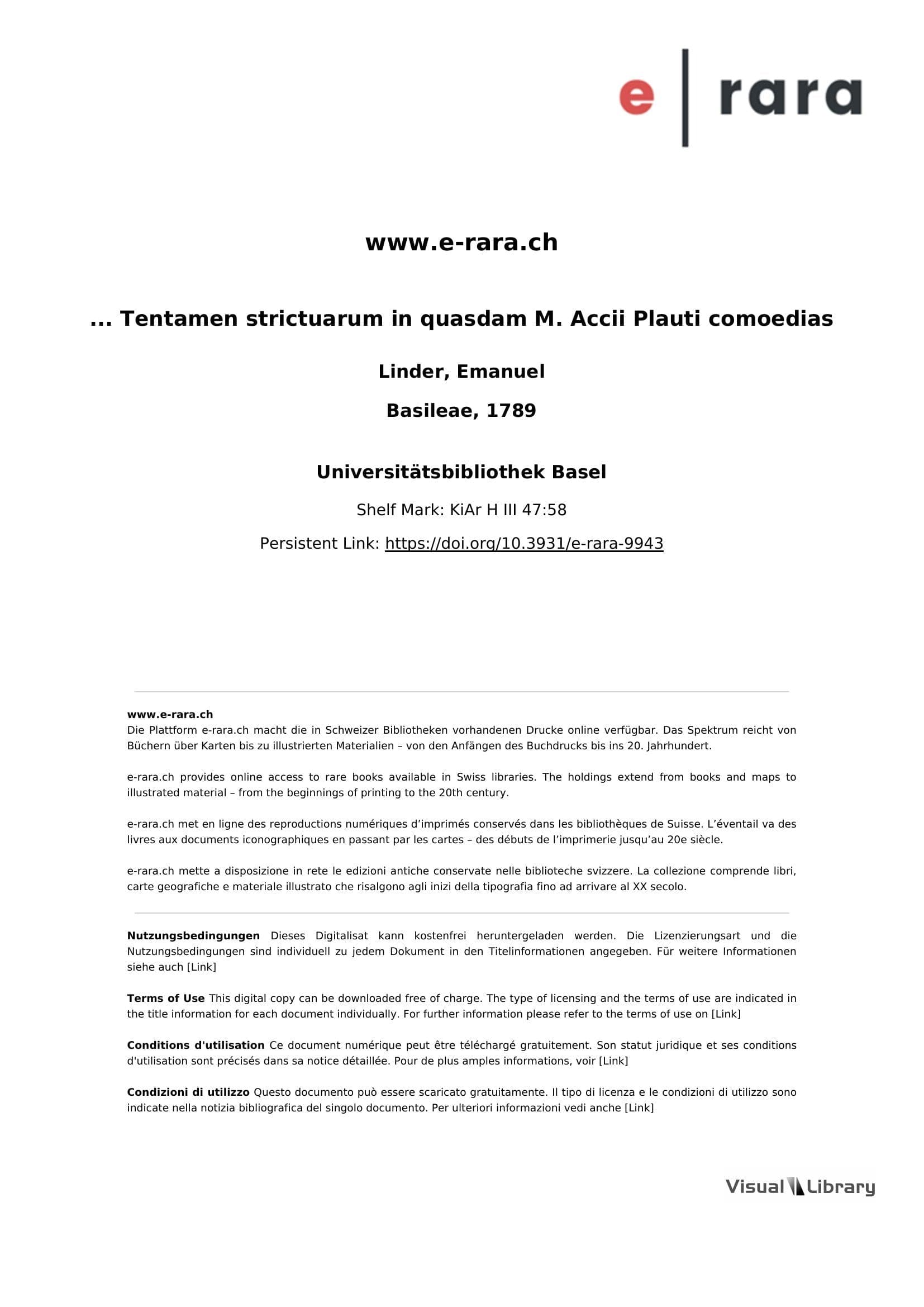 ... Tentamen strictuarum in quasdam M. Accii Plauti comoedias