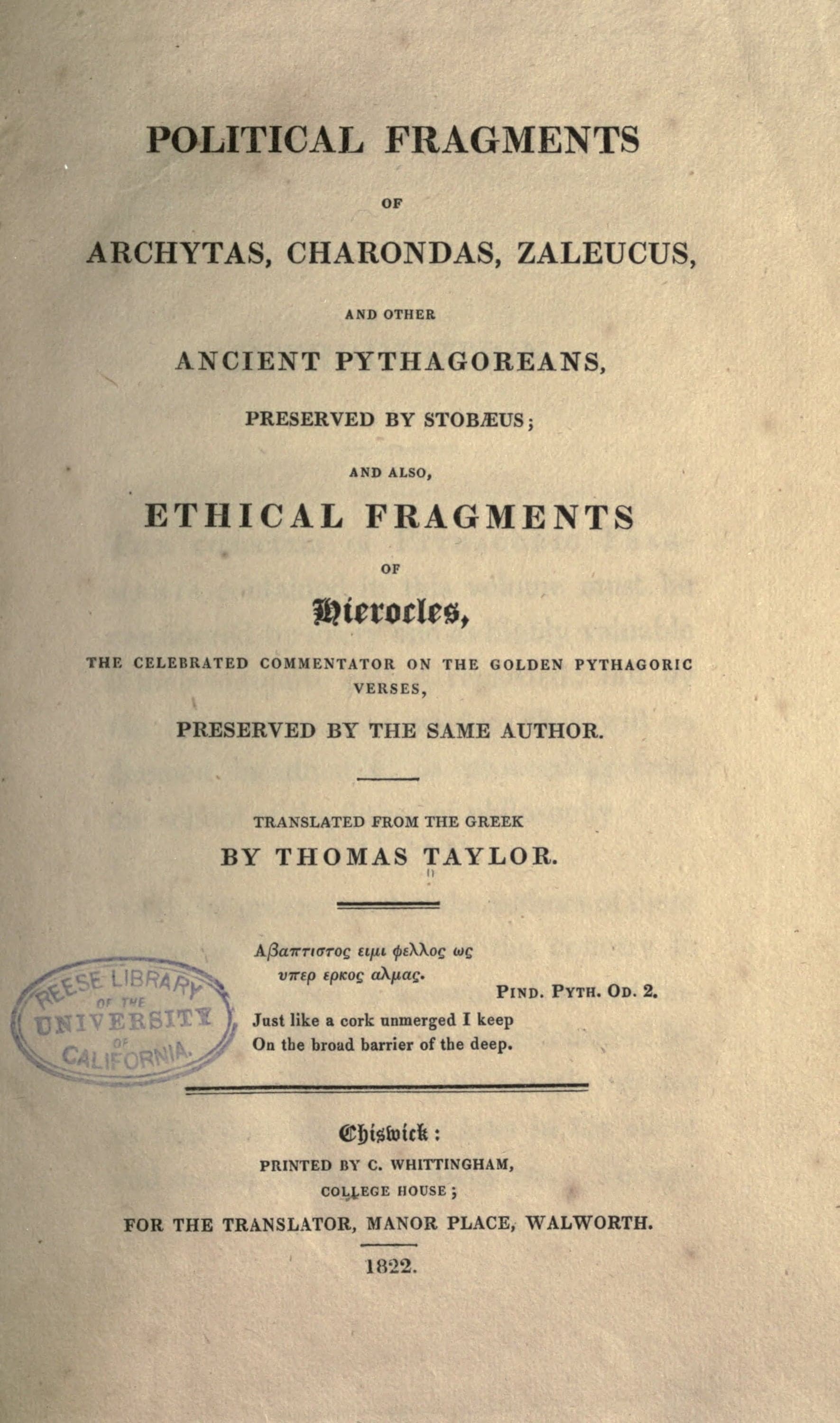 Political Fragments of Archytas, Charondas, Zaleucus + Hierocles