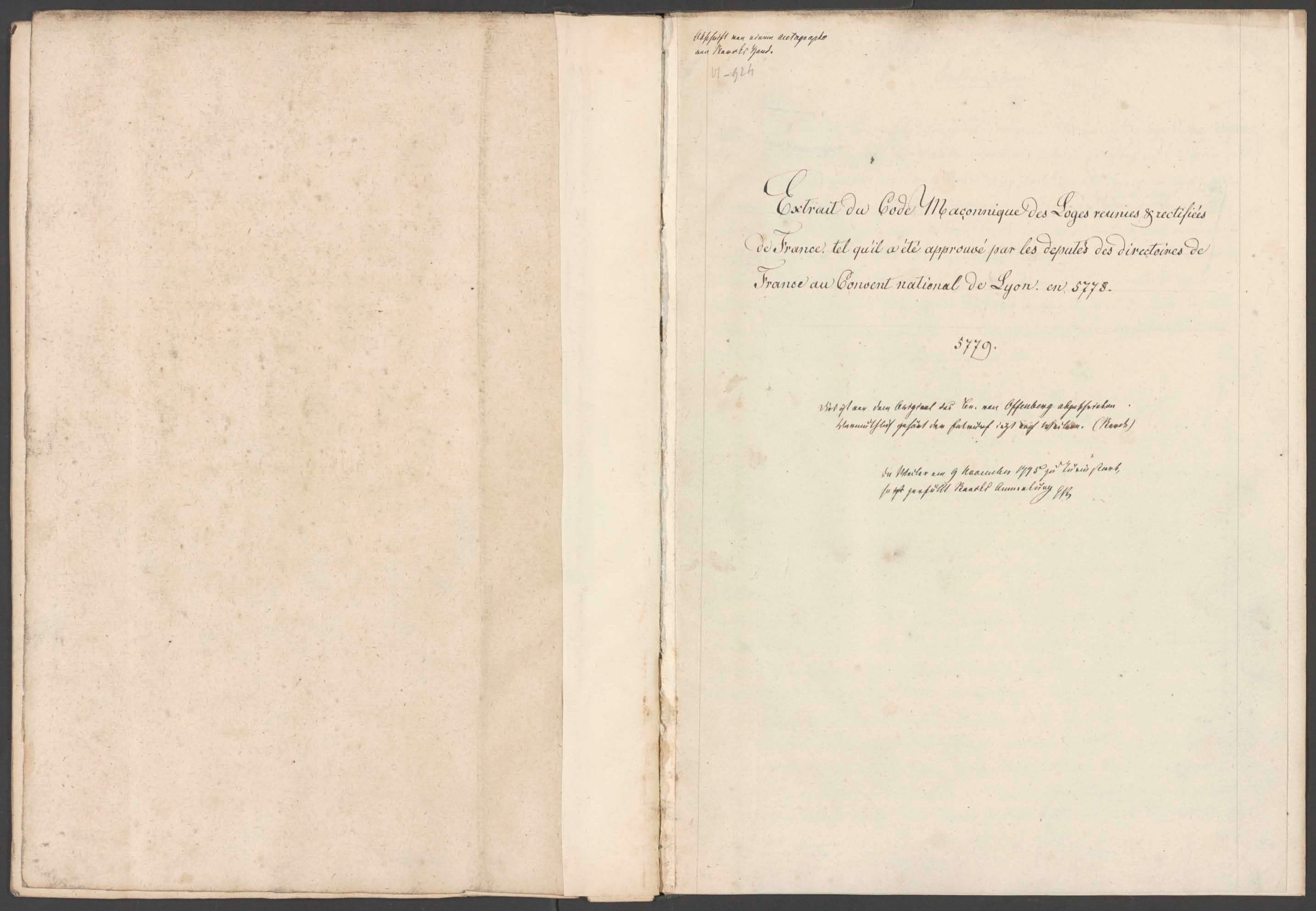 Extrait du Code maçonnique des Loges réunis et rectifiées de France tel qu'il a été approuvé par les députés des directoires de France au Convent National de Lyon en 5778