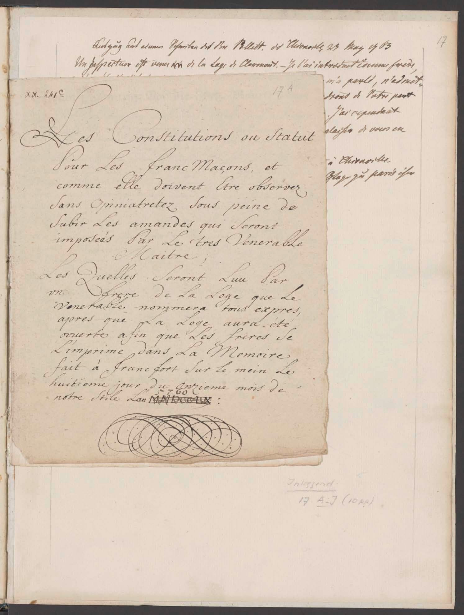 Constitution, ou Statut pour les Francs-Maçons, fait à Francfort a/M. 8.11.5760