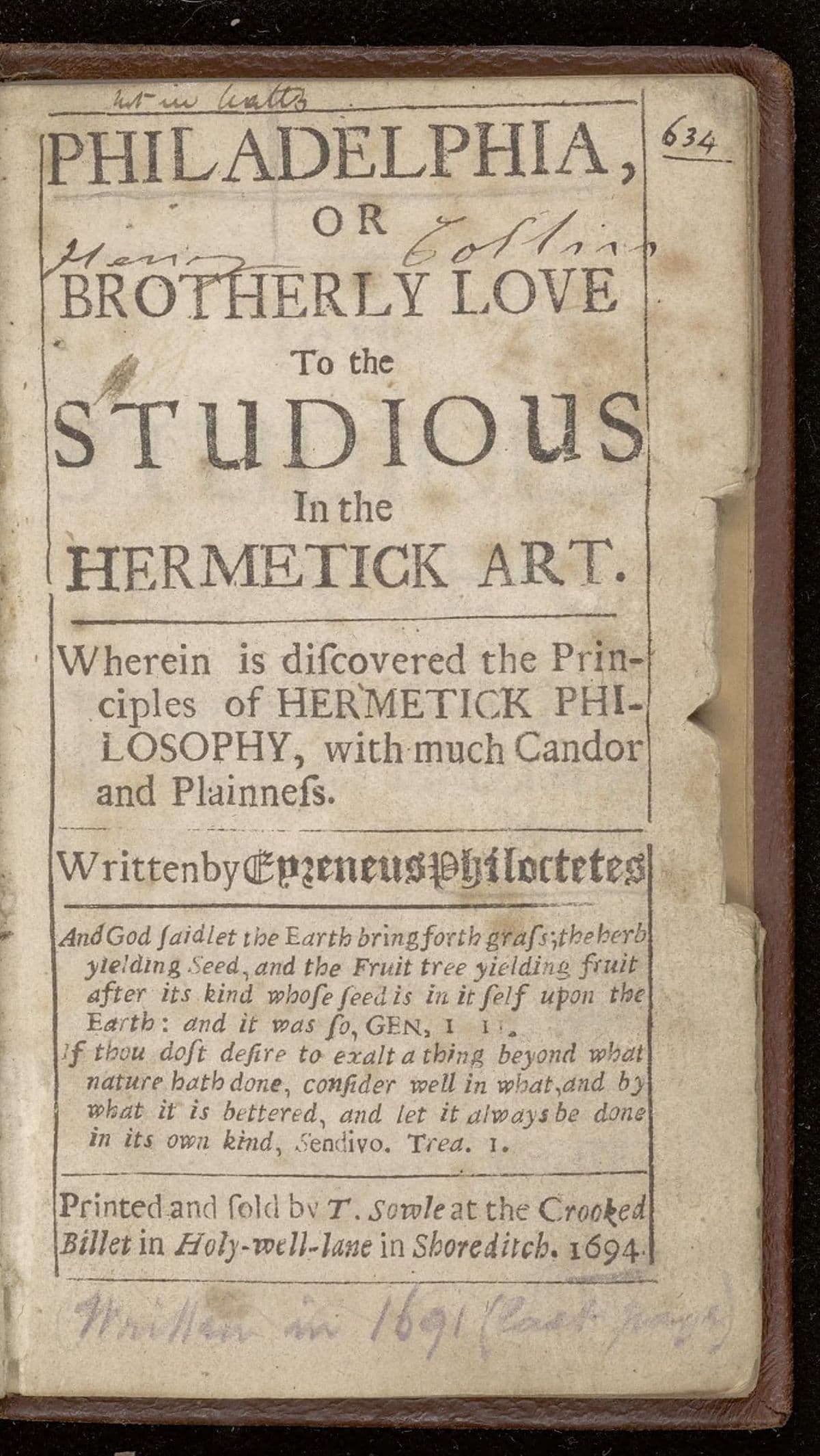 Philadelphia, or brotherly love to the studious in the hermetick art