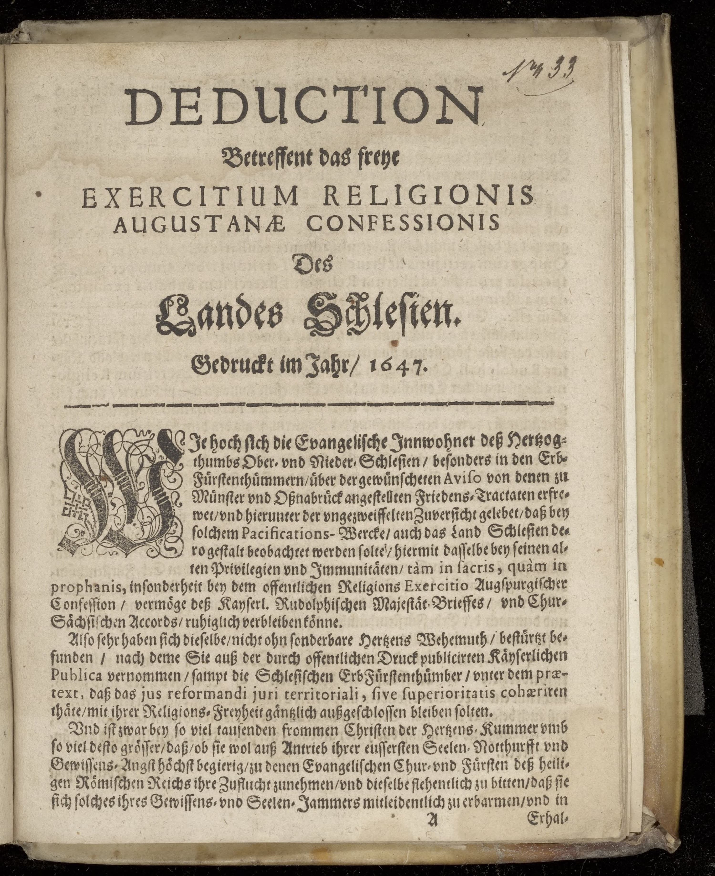Deduction betreffent das freye exercitium religionis Augustanae confessionis des Landes Schlesien