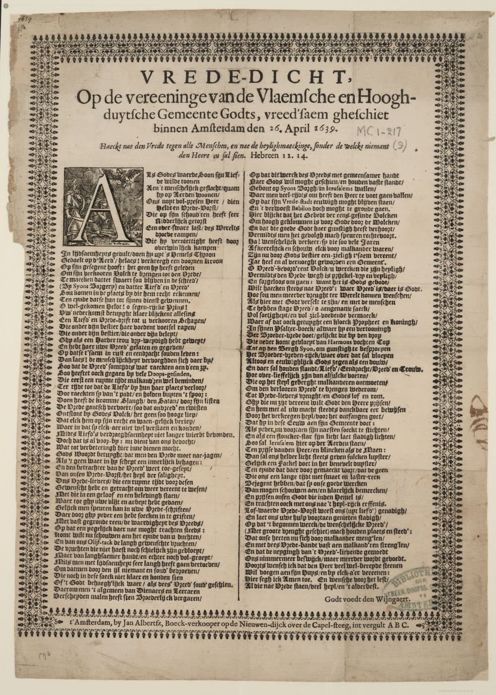 
              Vrede-dicht, op de vereeninge van de Vlaemsche en Hooghduytsche Gemeente Godts, vreed'saem gheschiet binn...
        