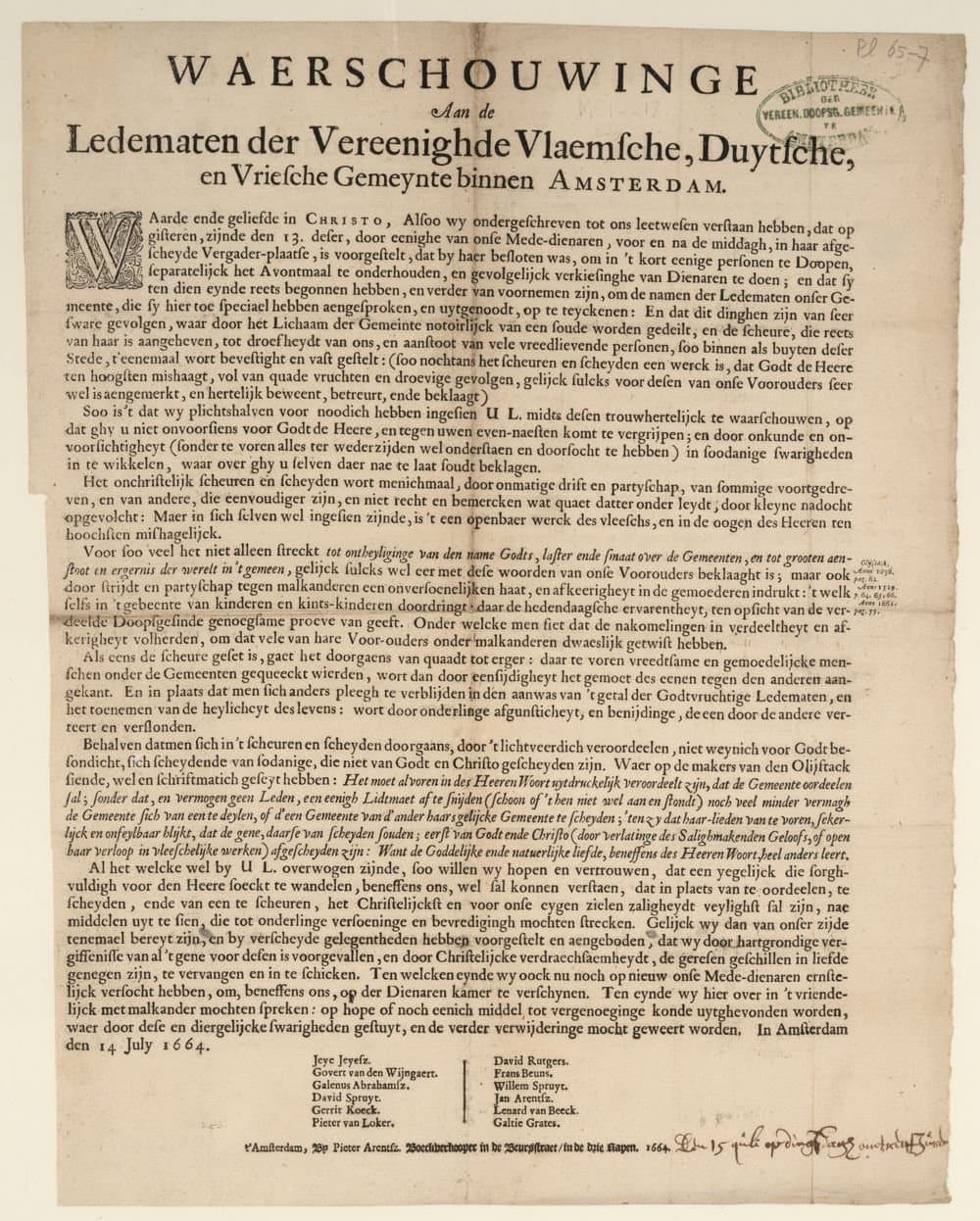 
              Waerschouwinge aan de ledematen der Vereenighde Vlaemsche, Duytsche, en Vriesche Gemeynte binnen Amsterda...
        